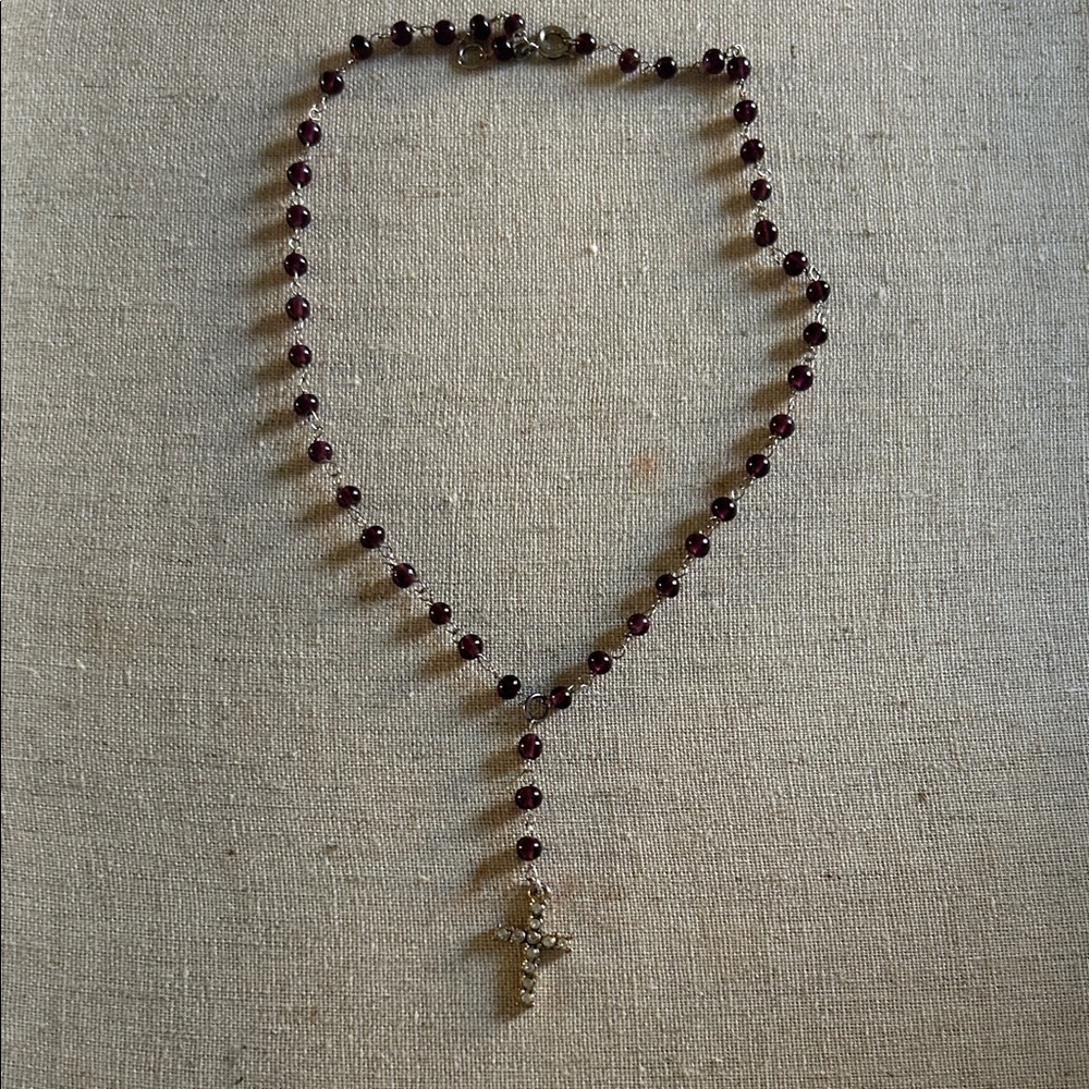 Vintage  Silver and garnet Beaded Necklace with sterling silver cross not signed